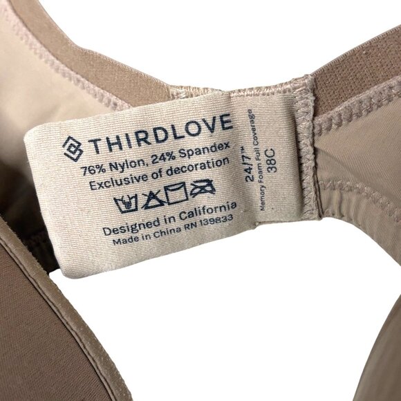 ThirdLove 24/7 Memory Foam Bra 38C Nude Beige Underwire T-Shirt Bra Comfort - Picture 3 of 6